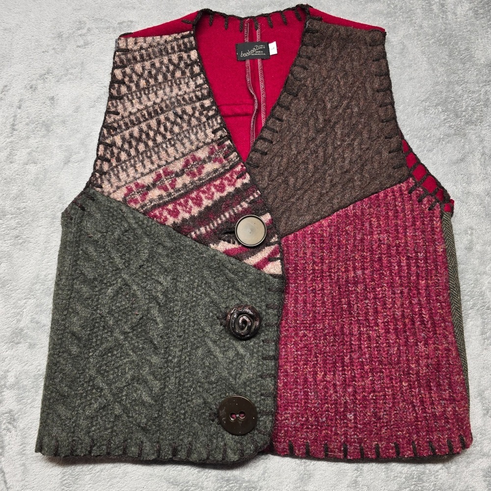 Baabaazuzu Handmade Patchwork Vest‎ Womens L Multicolor Colorblock Button Front